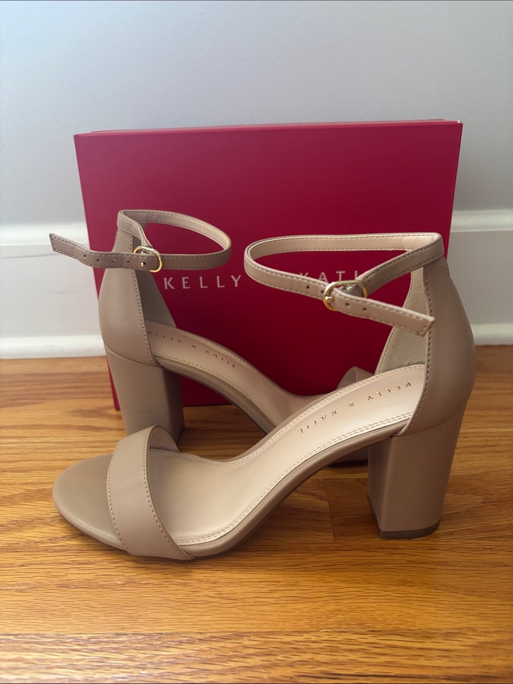 Kelly & Katie Neutral Block Heel Ankle Strap Nude Sandals